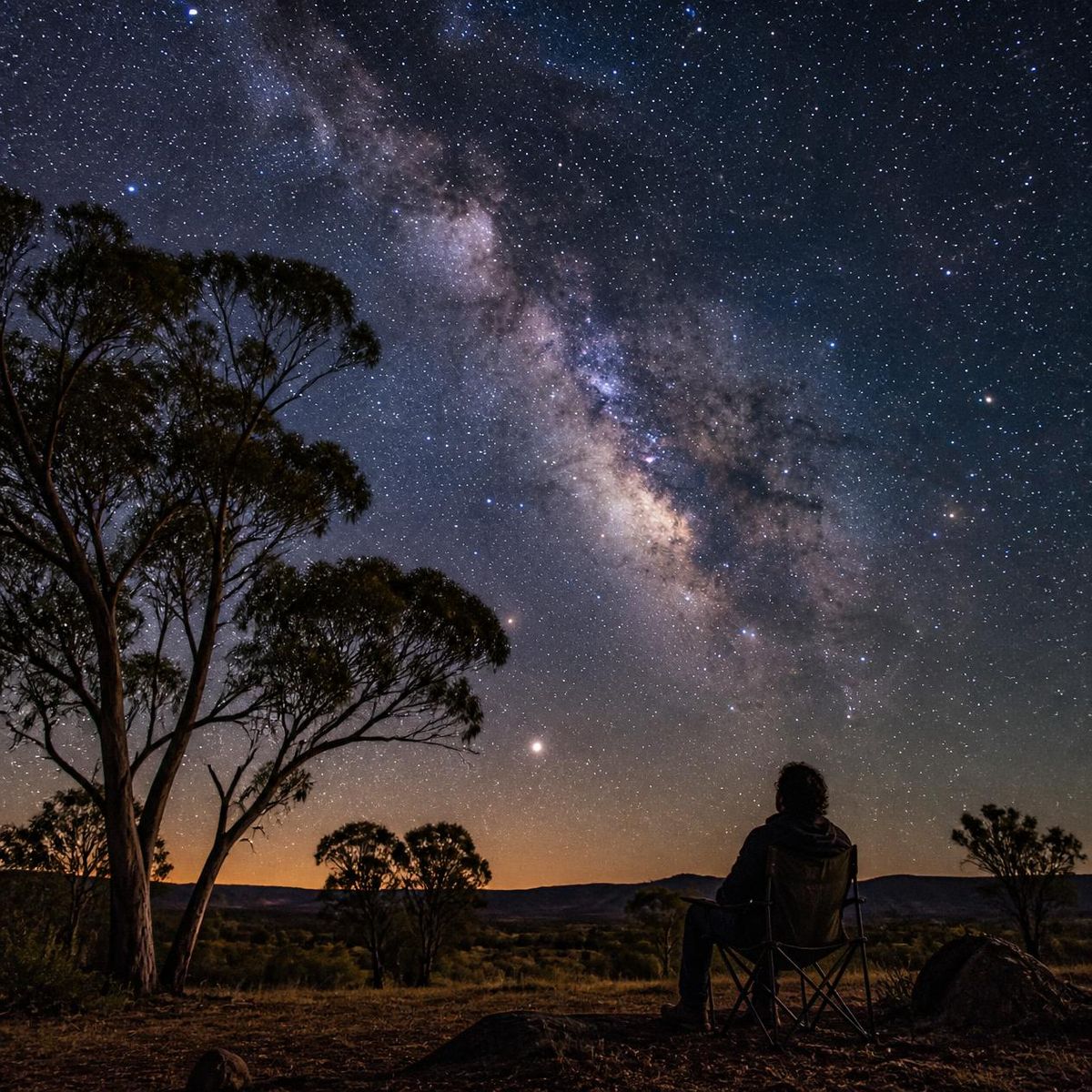 Queensland Star Gazing Scene With a Beautiful Night Sky Filled With Stars, Milky Way Galaxy Visible Overhead, Silhouettes of Australian Landscape Including Eucalyptus Trees, Peaceful Outdoor Setting Perfect