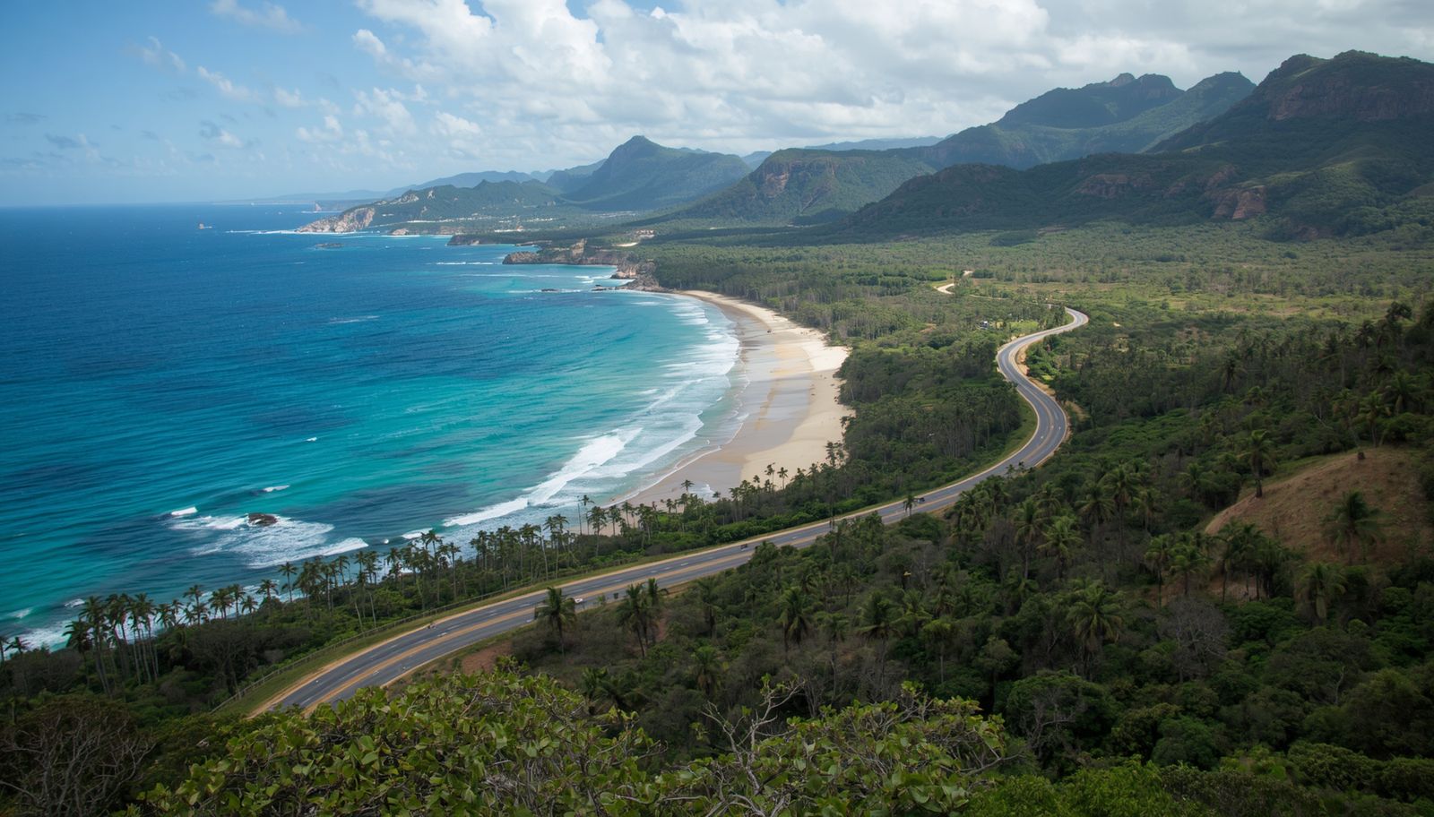 Queensland Road Trips With Scenic Coastal Highways, Tropical Landscapes, Palm Trees, Ocean Views, Winding Roads Through Rainforest and Beaches, Australian Outback Scenery, Adventure Travel Atmosphere